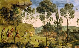 Kecskepásztorok és pásztorok zenélnek és táncolnak, részlet a „Mózes utazása” c. 1481-3-ból (218710 részlet) alkotó: Pietro Perugino